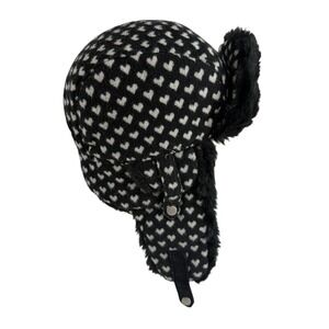 Trapper Hat Black Faux Fur Hat Earflap Hearts Winter Warm Fluffy Furry Woman's